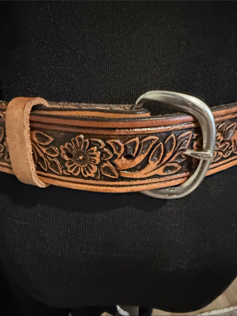 Western Tooled Floral Leather Belt in Tan with Silver Buckle
